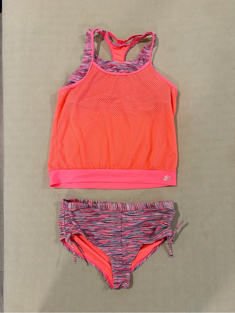 ZeroXposur Girls' Neon Coral Mesh Tankini with Multicolor Stripe Bottoms
